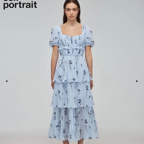 Self-portrait Blue Floral Silhouette Chiffon Tiered Midi Dress - Picture 1 of 5